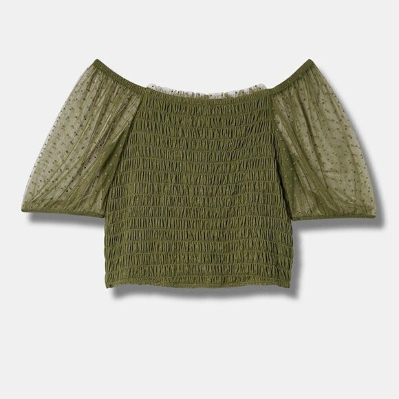 TORRID Dot Mesh Olive Square Neck Smocked Crop Top - Picture 5 of 5